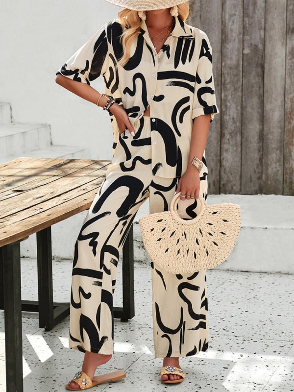 New women's casual fashion printed lapel short - sleeved shirt and trousers vacation suit - Pant Suit
